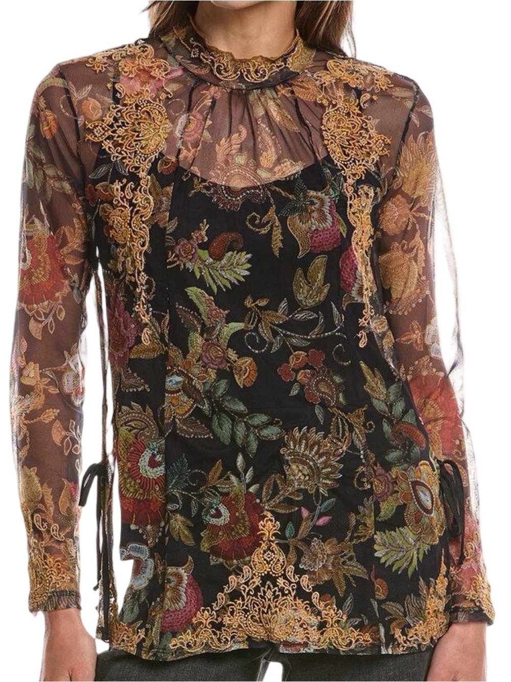 Johnny Was Women’s Sz S Black Gold Francisca Mesh Embroidered Floral Top Shirt